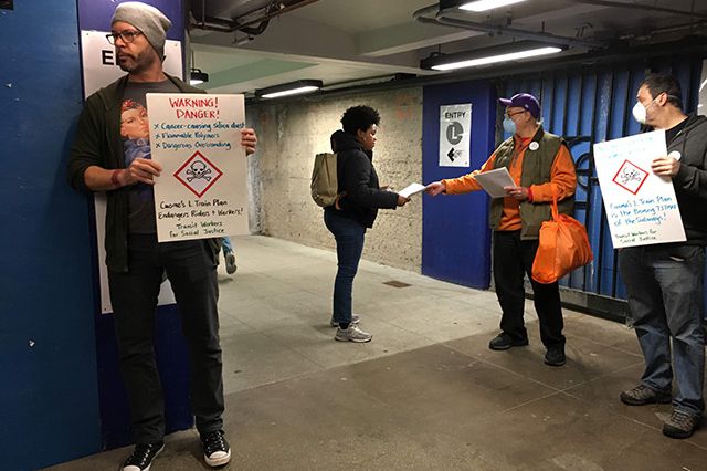 Transit workers leafletted at Bedford Avenue on Wednesday morning.